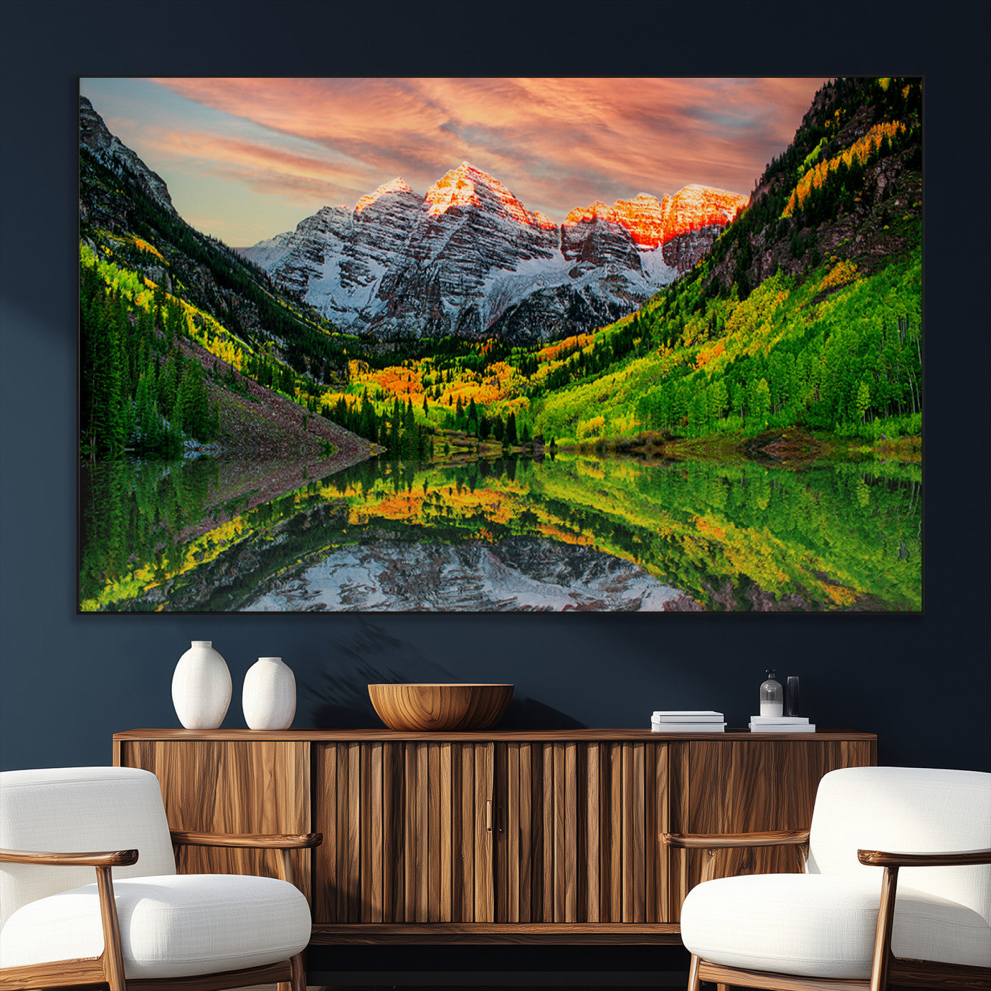 59533484-SEG-FC-51X34_Oversize_Oversize-Maroon Bells Autumn Wall Art – Panoramic Mountain Landscape Canvas Print, Sunset Reflection Nature Artwork for Living Room, Office
