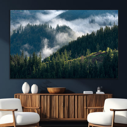 84598503-SEG-FC-51X34_Oversize_Oversize-Misty Forest Wall Art Canvas Print, Framed Pine Hills Art Picture Print, Moody Hills Perfect Moody Woodland Decor Artwork