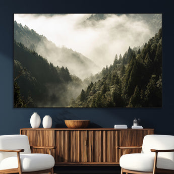 57570237-SEG-FC-51X34_Oversize_Oversize-Misty Valley Wall Art Canvas Print, Framed Foggy Forest Art Picture Print, Pine Trees Perfect Moody Woodland Decor Artwork
