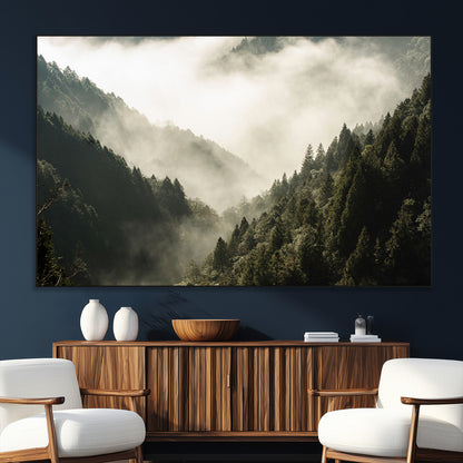 57570237-SEG-FC-51X34_Oversize_Oversize-Misty Valley Wall Art Canvas Print, Framed Foggy Forest Art Picture Print, Pine Trees Perfect Moody Woodland Decor Artwork