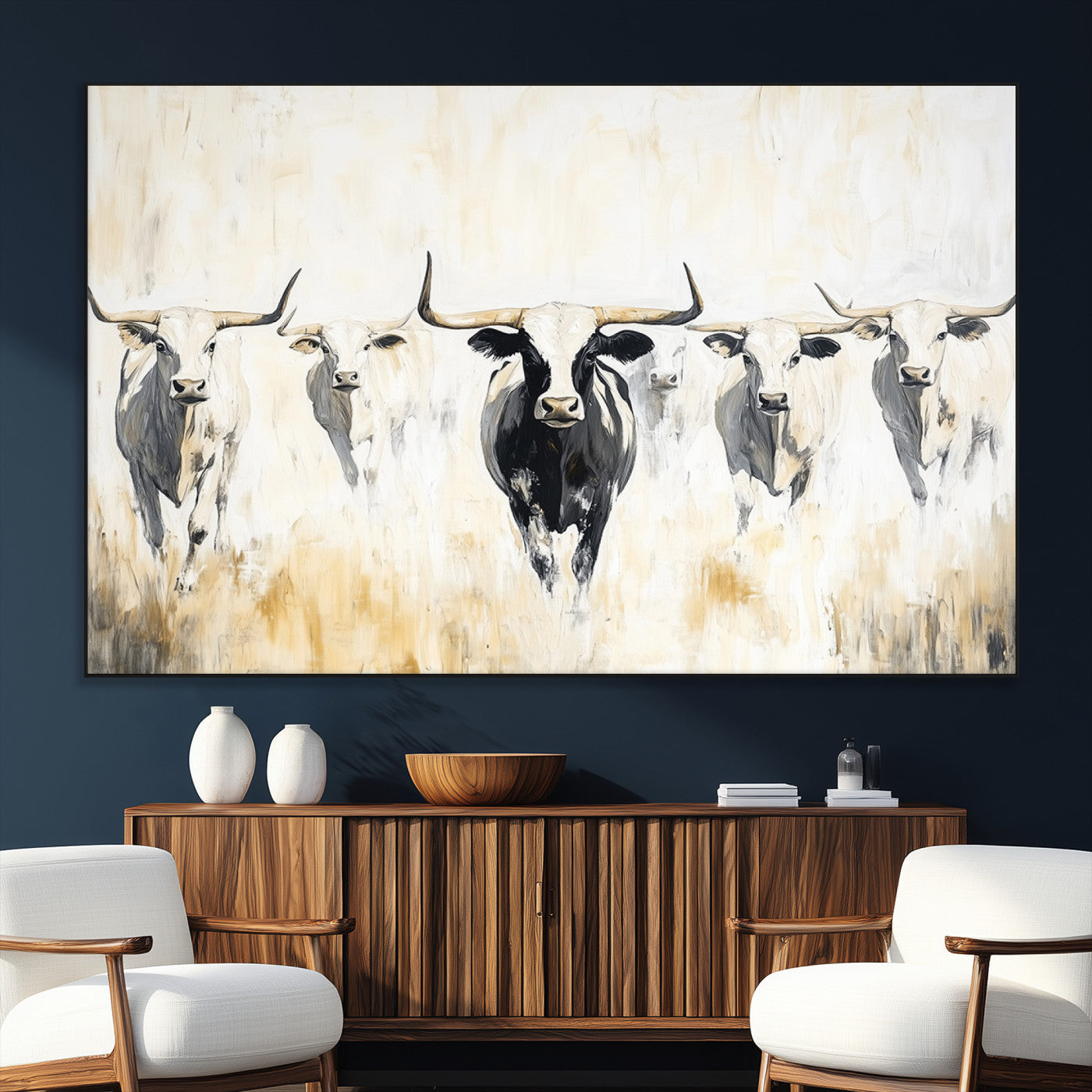 40397799-SEG-FC-51X34_Oversize_Oversize-Texas Longhorn Wall Art Canvas Print, Framed Rustic Herd Art Picture Print, Western Bull Perfect Neutral Western Decor Artwork