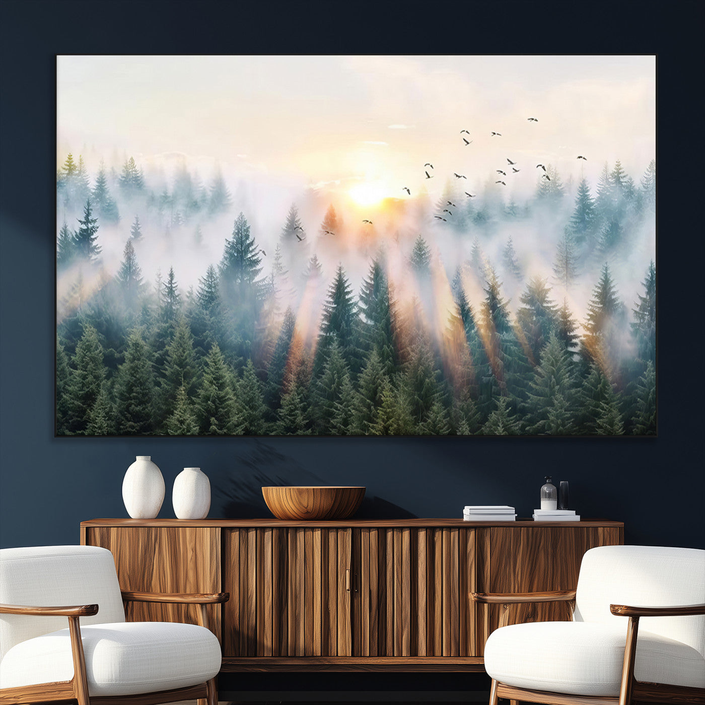 92718976-SEG-FC-51X34_Oversize_Oversize-Misty Forest Wall Art Canvas Print, Framed Sunrise Pines Art Picture Print, Foggy Woodland Perfect Moody Woodland Decor Artwork