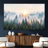 92718976-SEG-FC-51X34_Oversize_Oversize-Misty Forest Wall Art Canvas Print, Framed Sunrise Pines Art Picture Print, Foggy Woodland Perfect Moody Woodland Decor Artwork