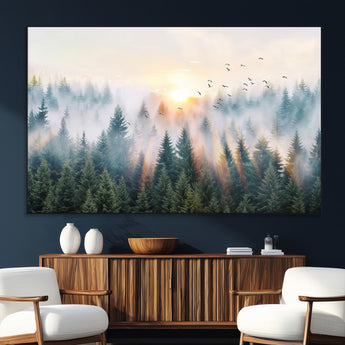 92718976-SEG-FC-51X34_Oversize_Oversize-Misty Forest Wall Art Canvas Print, Framed Sunrise Pines Art Picture Print, Foggy Woodland Perfect Moody Woodland Decor Artwork