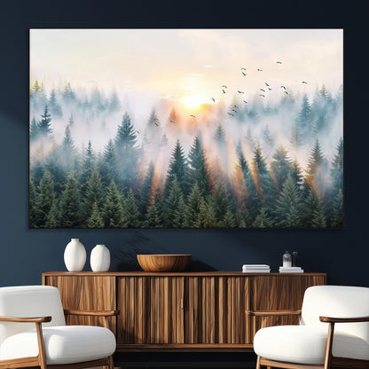 92718976-SEG-FC-51X34_Oversize_Oversize-Misty Forest Wall Art Canvas Print, Framed Sunrise Pines Art Picture Print, Foggy Woodland Perfect Moody Woodland Decor Artwork