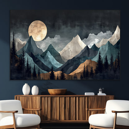 11060882-SEG-FC-51X34_Oversize_Oversize-Moonlit Mountains Wall Art Canvas Print, Framed Forest Silhouette Art Picture Print, Night Landscape Perfect Modern Forest Decor