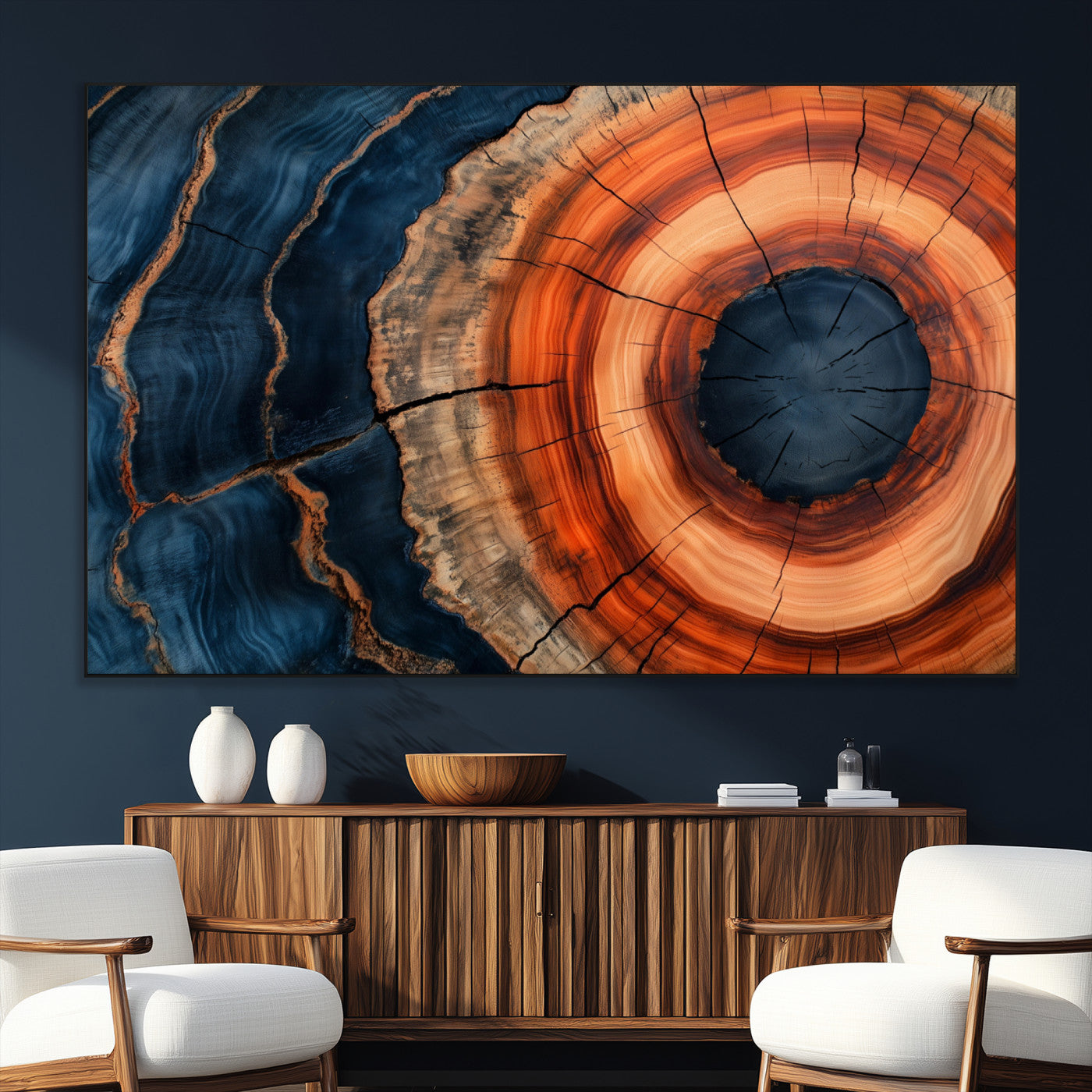 41123192-SEG-FC-51X34_Oversize_Oversize-Tree Ring Canvas Wall Art – Abstract Blue Orange Wood Grain Print, Rustic Modern Nature Artwork for Living Room, Bedroom, Office
