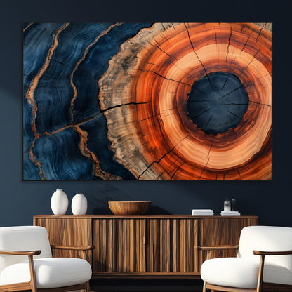 41123192-SEG-FC-51X34_Oversize_Oversize-Tree Ring Canvas Wall Art – Abstract Blue Orange Wood Grain Print, Rustic Modern Nature Artwork for Living Room, Bedroom, Office