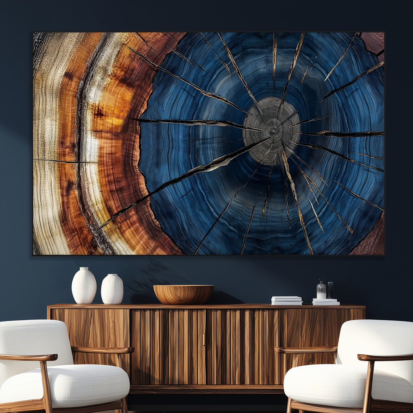 60099360-SEG-FC-51X34_Oversize_Oversize-Blue Tree Ring Wall Art – Rustic Wood Grain Canvas Print, Modern Abstract Artwork with Natural Texture for Living Room, Bedroom,