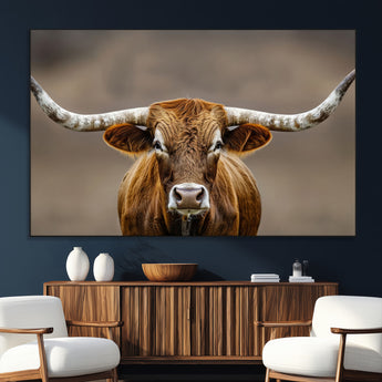 12179171-SEG-FC-51X34_Oversize_Oversize-Texas Longhorn Wall Art Canvas Print, Framed Brown Bull Art Picture Print, Lone Cattle Perfect Rustic Western Decor Artwork