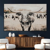 27497342-MGV-CV-36X24-Texas Longhorn Wall Art Canvas Print, Framed Speckled Cow Art Picture Print, Horned Cattle Perfect Rustic Western Decor Artwork