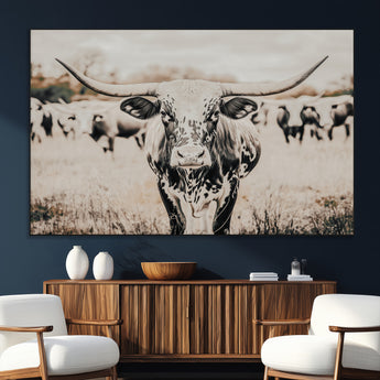27497342-SEG-FC-51X34_Oversize_Oversize-Texas Longhorn Wall Art Canvas Print, Framed Speckled Cow Art Picture Print, Horned Cattle Perfect Rustic Western Decor Artwork