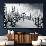 31156828-MGV-CV-36X24-Snowy Pines Wall Art Canvas Print, Framed Ski Lift Art Picture Print, Winter Forest Perfect Moody Lodge Decor Artwork