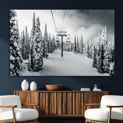 31156828-SEG-FC-51X34_Oversize_Oversize-Snowy Pines Wall Art Canvas Print, Framed Ski Lift Art Picture Print, Winter Forest Perfect Moody Lodge Decor Artwork