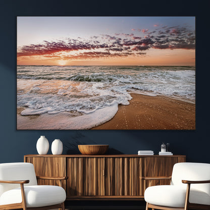 39846389-SEG-FC-51X34_Oversize_Oversize-Ocean Sunset Wall Art Canvas Print, Framed Sandy Shore Art Picture Print, Gentle Waves Perfect Minimalist Coastal Decor Artwork