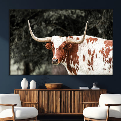 54027638-SEG-FC-51X34_Oversize_Oversize-Texas Longhorn Wall Art Canvas Print, Framed Spotted Cow Art Picture Print, Horned Bull Perfect Rustic Western Decor Artwork