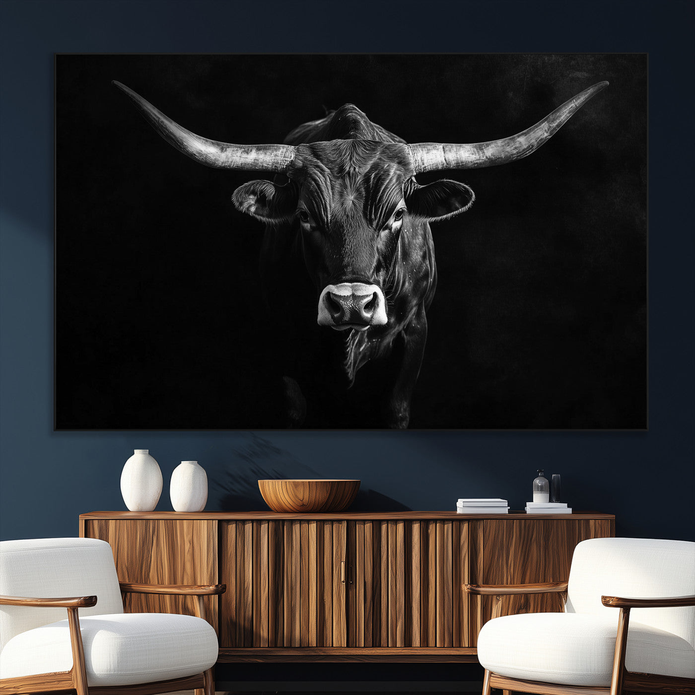 42077175-SEG-FC-51X34_Oversize_Oversize-Texas Longhorn Wall Art Canvas Print, Framed Monochrome Bull Art Picture Print, Horned Bull Perfect Rustic Western Decor Artwork