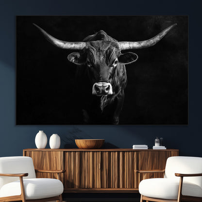 42077175-SEG-FC-51X34_Oversize_Oversize-Texas Longhorn Wall Art Canvas Print, Framed Monochrome Bull Art Picture Print, Horned Bull Perfect Rustic Western Decor Artwork
