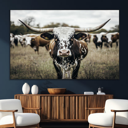 79025945-SEG-FC-51X34_Oversize_Oversize-Texas Longhorn Wall Art Canvas Print, Framed Speckled Cow Art Picture Print, Horned Cattle Perfect Rustic Western Decor Artwork