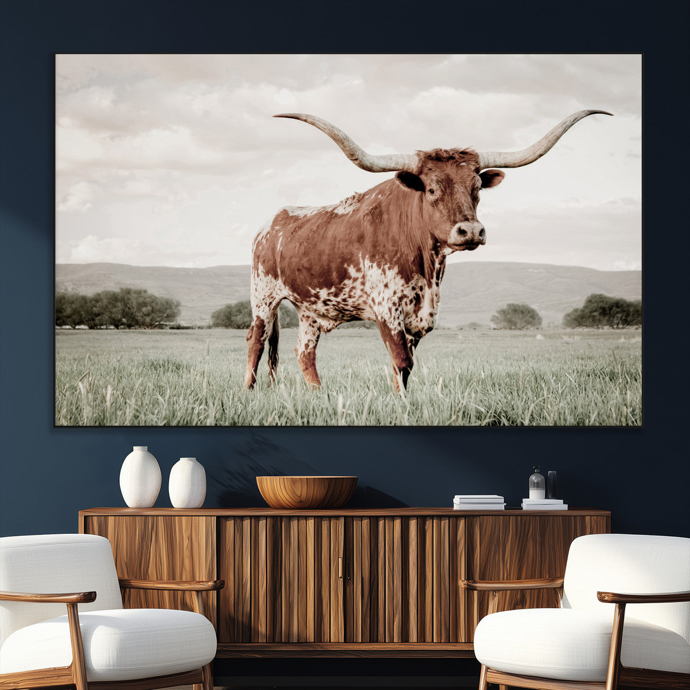 28309012-SEG-FC-51X34_Oversize_Oversize-Texas Longhorn Wall Art Canvas Print, Framed Spotted Cattle Art Picture Print, Horned Bull Perfect Rustic Western Decor Artwork