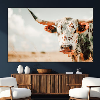 72766375-SEG-FC-51X34_Oversize_Oversize-Texas Longhorn Wall Art Canvas Print, Framed Spotted Cow Art Picture Print, Horned Cattle Perfect Rustic Western Decor Artwork