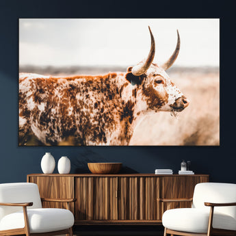 11528295-SEG-FC-51X34_Oversize_Oversize-Speckled Longhorn Wall Art Canvas Print, Framed Texas Cattle Art Picture Print, Horned Cow Perfect Rustic Western Decor Artwork