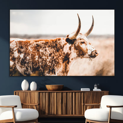 11528295-SEG-FC-51X34_Oversize_Oversize-Speckled Longhorn Wall Art Canvas Print, Framed Texas Cattle Art Picture Print, Horned Cow Perfect Rustic Western Decor Artwork