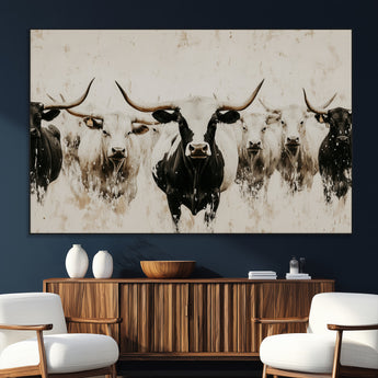 12027562-SEG-FC-51X34_Oversize_Oversize-Longhorn Cattle Wall Art Canvas Print, Framed Bison Herd Art Picture Print, Cattle Group Perfect Rustic Farmhouse Decor Artwork