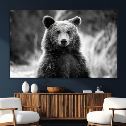 SEG-FC-51X34_Oversize - Grizzly Bear Wall Art Canvas Print, Framed Black White Bear Art Picture Print, Wild Bear Perfect Rustic Wildlife Decor Artwork
