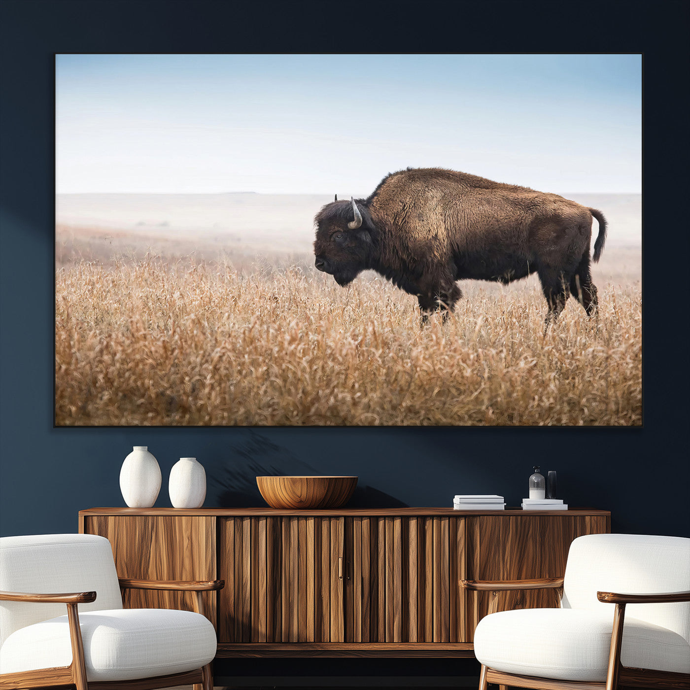 91267849-SEG-FC-51X34_Oversize_Oversize-Wild Bison Wall Art Canvas Print, Framed Bison in Prairie Art Picture Print, Rustic Western Perfect Rustic Western Decor Artwork