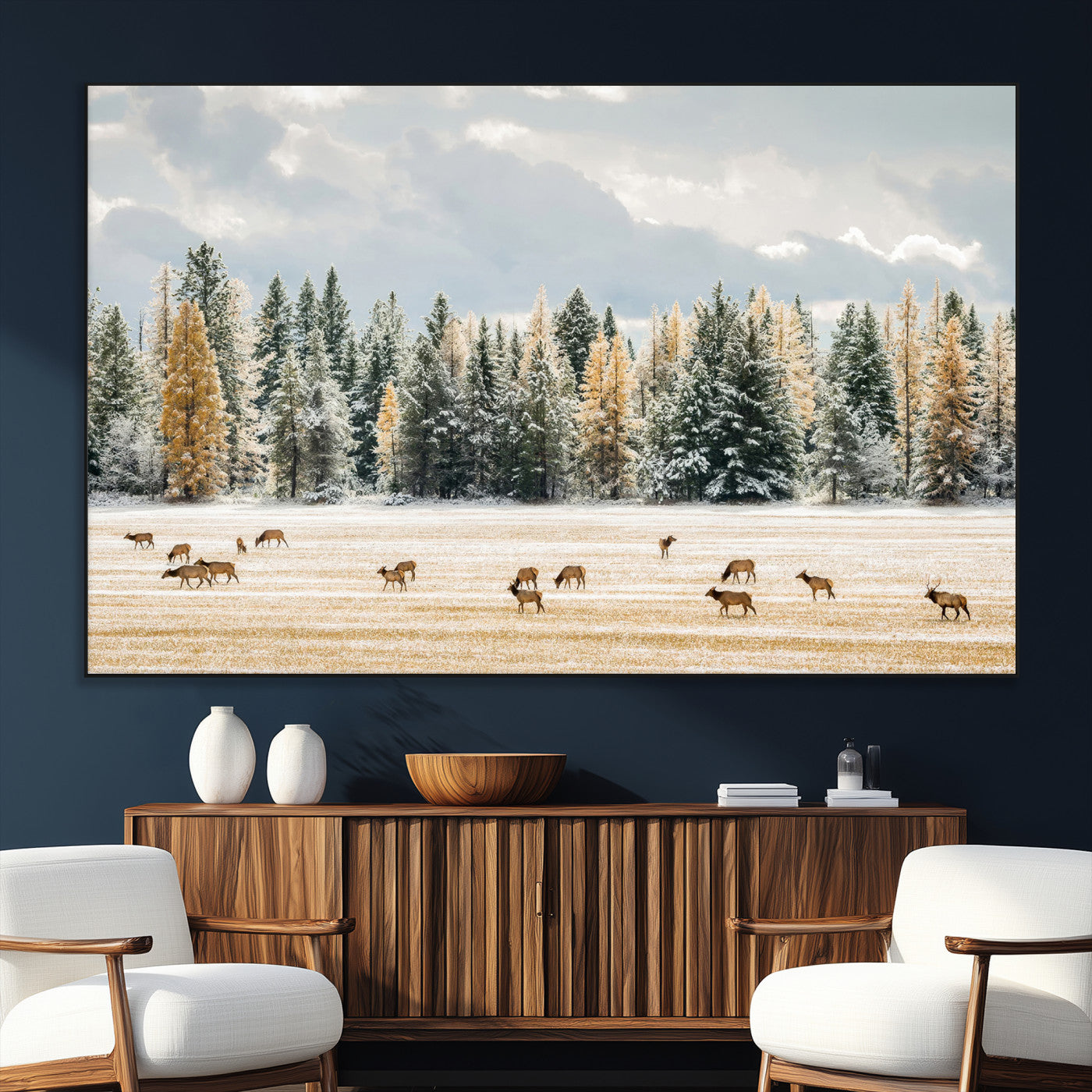 64188182-SEG-FC-51X34_Oversize_Oversize-Elk Herd Wall Art Canvas Print, Framed Snowy Forest Art Picture Print, Forest Elks Perfect Neutral Rustic Decor Artwork