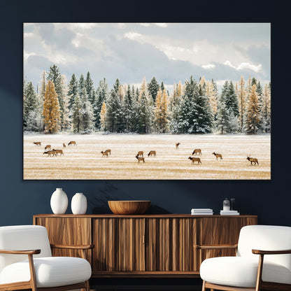 64188182-SEG-FC-51X34_Oversize_Oversize-Elk Herd Wall Art Canvas Print, Framed Snowy Forest Art Picture Print, Forest Elks Perfect Neutral Rustic Decor Artwork