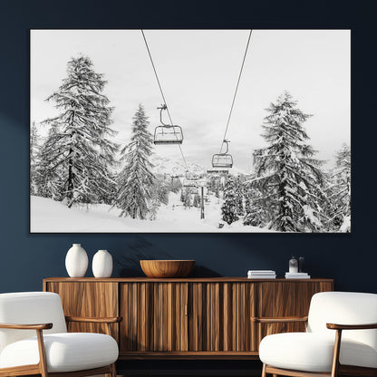 55003599-SEG-FC-51X34_Oversize_Oversize-Snowy Ski Lift Wall Art Canvas Print, Framed Winter Forest Art Picture Print, Ski lift Ride Perfect Winter Lodge Decor Artwork