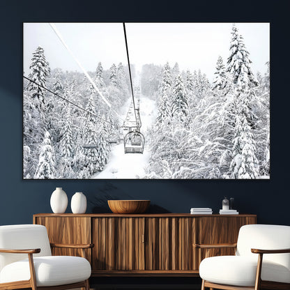 60296839-SEG-FC-51X34_Oversize_Oversize-Snowy Mountains Wall Art Canvas Print, Framed Ski Lift Art Picture Print, Winter Forest Perfect Winter Minimalist Decor Artwork