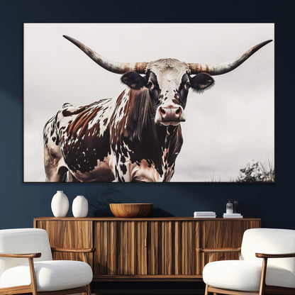 95249234-MGV-CV-36X24-Texas Longhorn Wall Art Canvas Print, Framed Spotted Bull Art Picture Print, Horned Cattle Perfect Rustic Farmhouse Decor Artwork