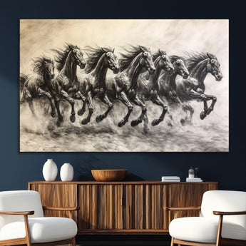 56089591-SEG-FC-51X34_Oversize_Oversize-Galloping Horses Wall Art Canvas Print, Framed Wild Stallions Art Picture Print, Horse Herd Sketch Perfect Monochrome Dynamic