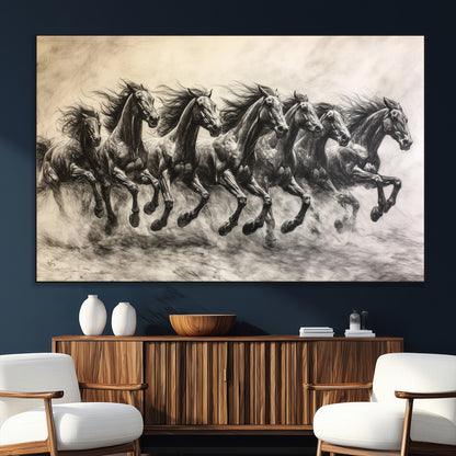 56089591-SEG-FC-51X34_Oversize_Oversize-Galloping Horses Wall Art Canvas Print, Framed Wild Stallions Art Picture Print, Horse Herd Sketch Perfect Monochrome Dynamic