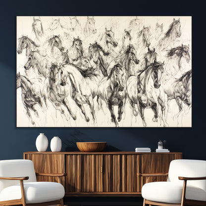 19433417-SEG-FC-51X34_Oversize_Oversize-Running Horses Wall Art Canvas Print, Framed Horse Sketch Art Picture Print, Galloping Herd Perfect Monochrome Western Decor