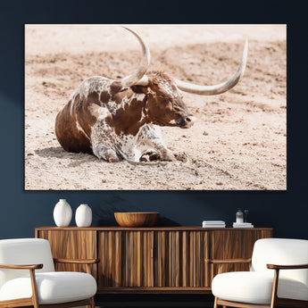 25407592-MGV-CV-36X24-Texas Longhorn Wall Art Canvas Print, Framed Resting Bull Art Picture Print, Spotted Cattle Perfect Rustic Western Decor Artwork