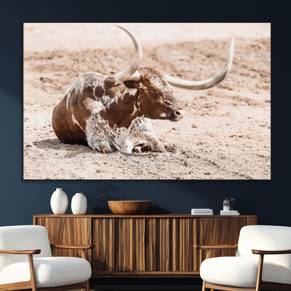 25407592-MGV-CV-36X24-Texas Longhorn Wall Art Canvas Print, Framed Resting Bull Art Picture Print, Spotted Cattle Perfect Rustic Western Decor Artwork