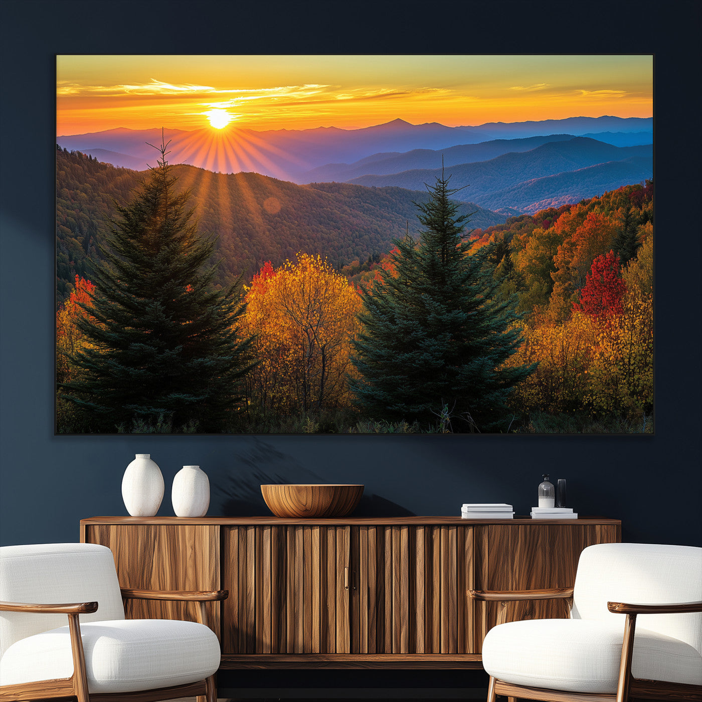 36964931-MGV-CV-36X24-Autumn Mountains Wall Art Canvas Print, Framed Sunset Glow Forest Art Picture Print, Golden Trees Perfect Vibrant Nature Decor