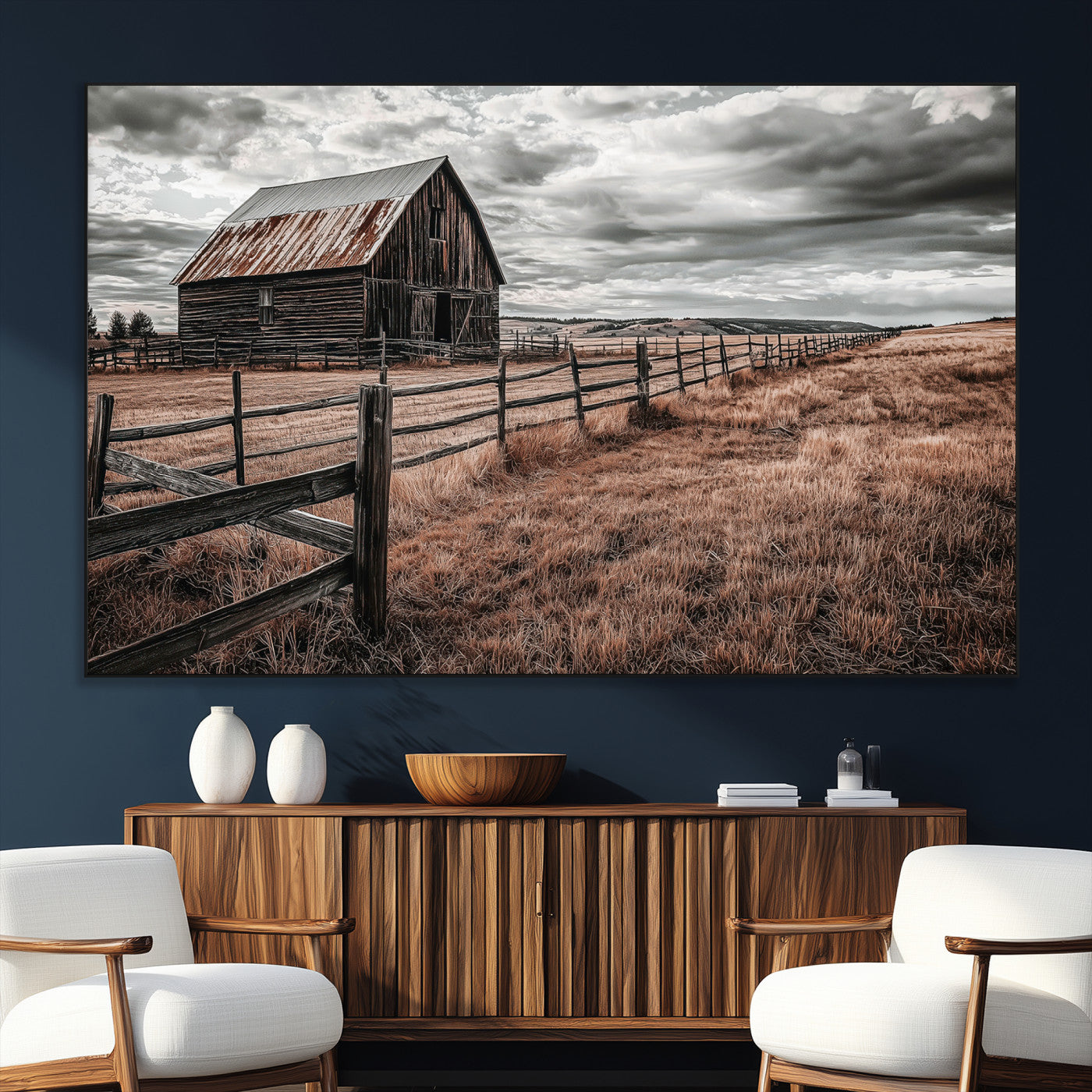 73898372-MGV-CV-36X24-Rustic Barn Wall Art Canvas Print, Framed Moody Field Art Picture Print, Weathered Fence Perfect Moody Farmhouse Decor Artwork