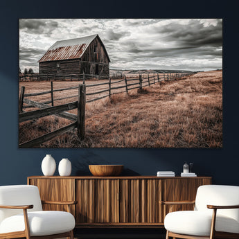73898372-MGV-CV-36X24-Rustic Barn Wall Art Canvas Print, Framed Moody Field Art Picture Print, Weathered Fence Perfect Moody Farmhouse Decor Artwork