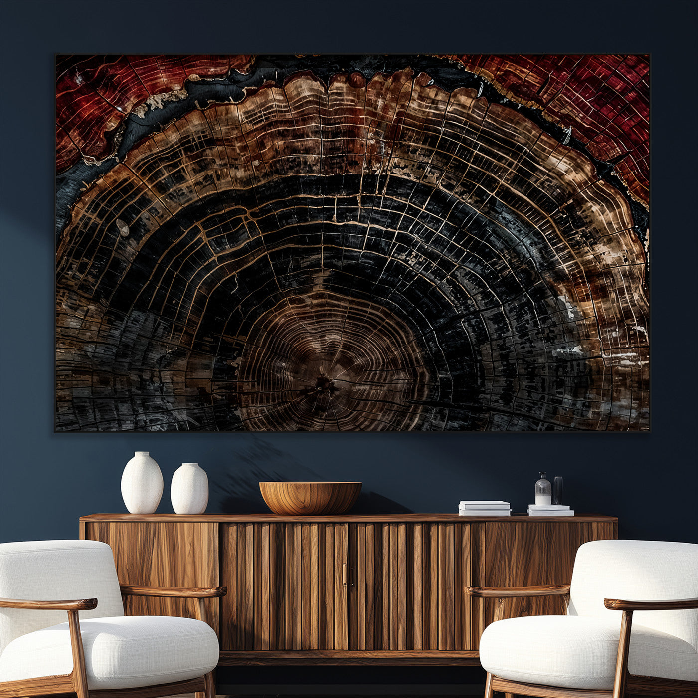 43686762-SEG-FC-51X34_Oversize_Oversize-Dark Wood Ring Wall Art Canvas Print, Framed Abstract Wood Tree Art Picture Print, Rustic Tree Slice Perfect Rustic Decor Artwork