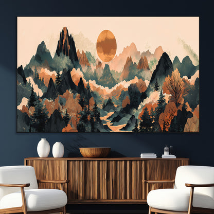 13012770-MGV-CV-36X24-Mountain Landscape Wall Art – Modern Nature Canvas Print with Sun, Misty Peaks, and Forest in Orange and Green Tones for Living