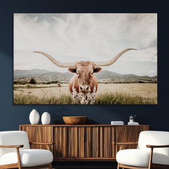 80054319-MGV-CV-36X24-Texas Longhorn Wall Art Canvas Print, Framed Western Cow Art Picture Print, Rustic Farmhouse Perfect Farmhouse Decor Artwork