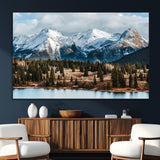 36247746-MGV-CV-36X24-Snowy Peaks Wall Art Canvas Print, Framed Alpine Lake Art Picture Print, Pine Forest Perfect Alpine Wilderness Decor Artwork