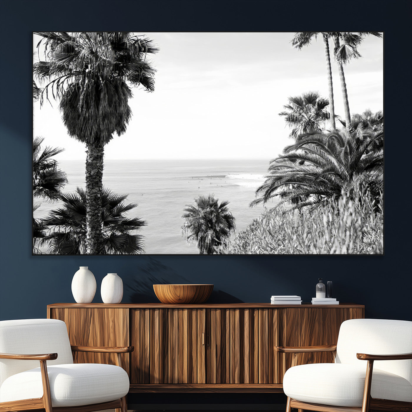 89458520-SEG-FC-51X34_Oversize_Oversize-Palm Trees Wall Art Canvas Print, Framed Coastal View Art Picture Print, Ocean Horizon Perfect Monochrome Coast Decor Artwork