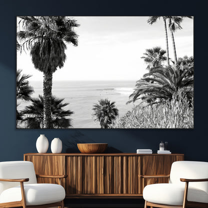89458520-SEG-FC-51X34_Oversize_Oversize-Palm Trees Wall Art Canvas Print, Framed Coastal View Art Picture Print, Ocean Horizon Perfect Monochrome Coast Decor Artwork