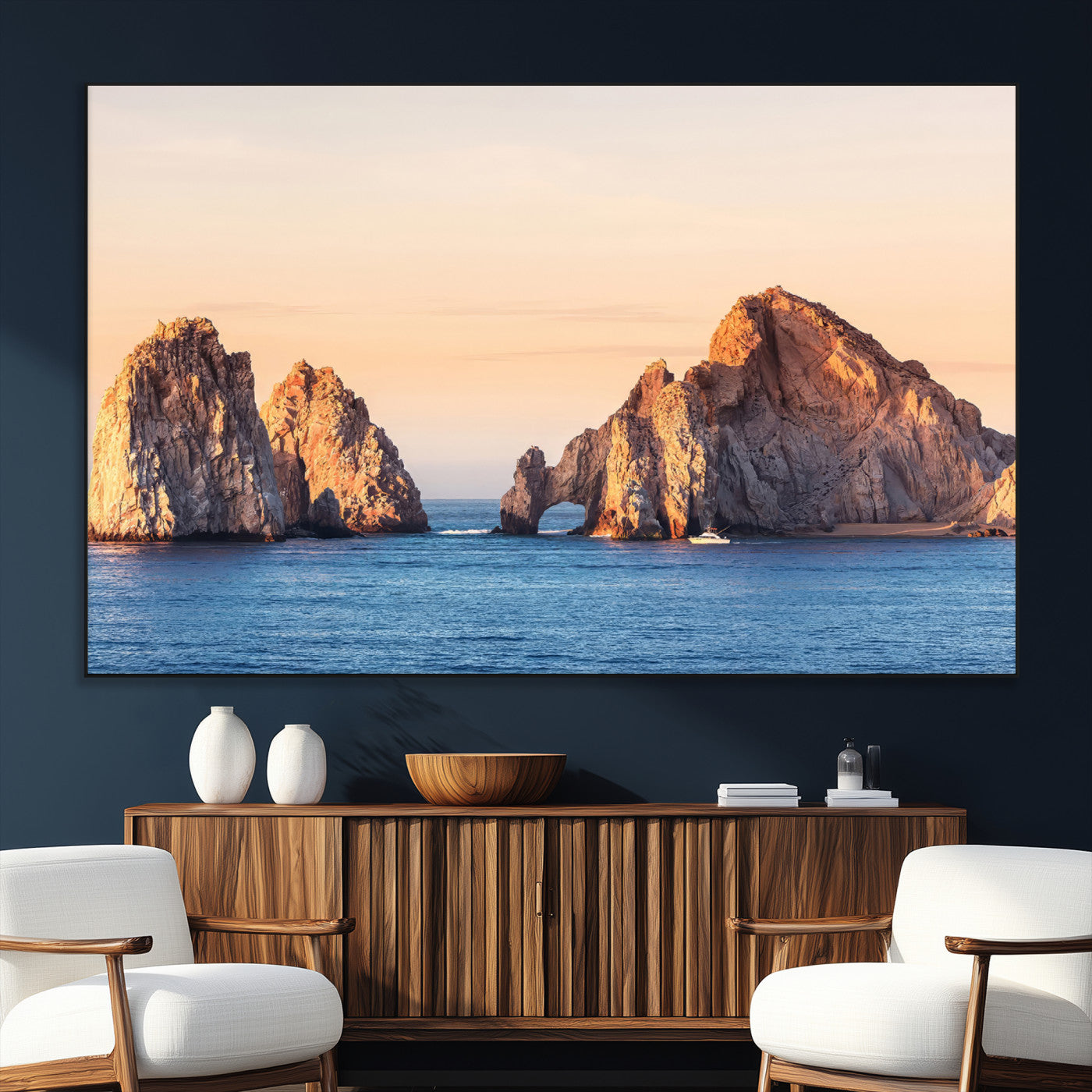 72996116-SEG-FC-51X34_Oversize_Oversize-El Arco Wall Art Canvas Print, Framed Cabo Rocks Art Picture Print, Ocean Arch Perfect Golden Coastal Landmark Decor Artwork